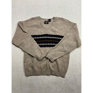 Vintage J. Riggins Sportswear Men XL Wool V-Neck Sweater Tan Fair Isle Geometric